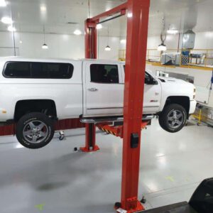 SM270 2 post hoist with vehicle raised front view